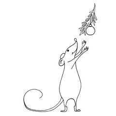 Funny Christmas mouse. Vector outline hand drawn illustration. Outline drawing, A separate element of the new year set. Isolated on white background.
