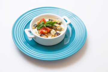 seafood cream soup on a white