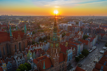 Gdansk is a city in Poland. Gdansk in the morning rays, the sun is reflected from the roofs of the old city.