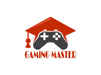 Analog and graduation hat gaming master console gamer symbol vector logo design illustration on white background