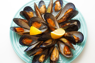 grilled mussels with a sauce on a white background