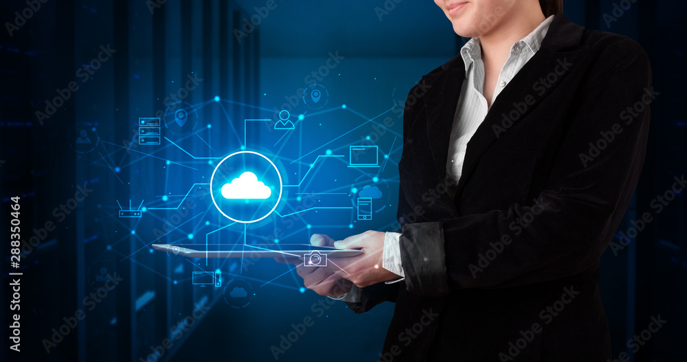 Poster formal hand in server room with virtual workspace concept