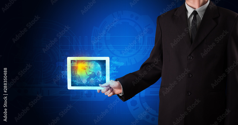 Poster hand holding tablet with global database concept