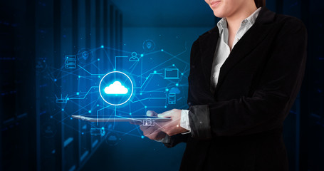 Formal hand in server room with virtual workspace concept