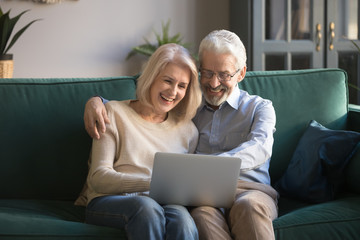 Happy smiling grey-haired retirees family spend time together with computer.