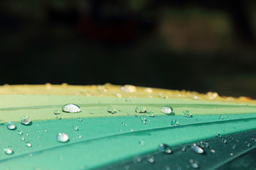 Krople deszczu na kolorowej parasolce.