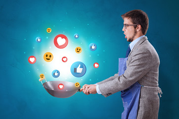 Young happy person cooking social media concept in wok