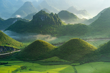Beautiful rice paddy field of Fairy bosom or Twin Mountains, Nui Doi, or Double Mountains is the travel destination and famous place in Tam Son town, Quan Ba, Ha Giang, Vietnam