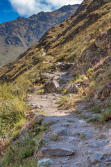Fototapeta na wymiar Pathway along the top hillside of the Ollantaytambo ruins