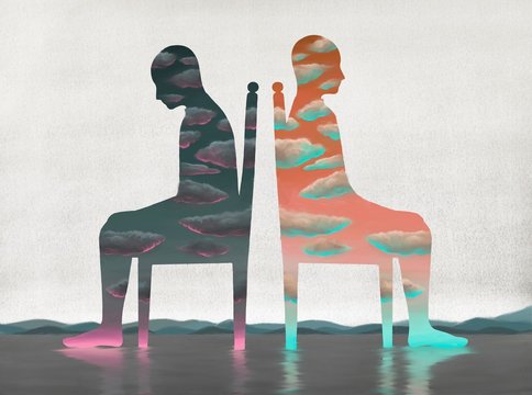 Two cloudy man sitting on a chair surreal illustration