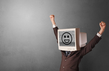 Young person with monitor head, old school smile concept