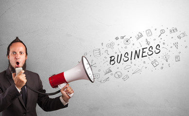 Person holding megaphone and yelling business, management concept