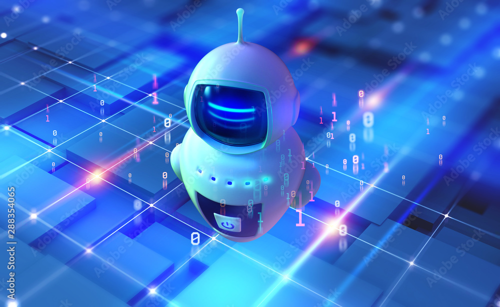 Poster Internet bot in cyberspace. Digital technology and wireless networks. Bot, robot, drone, artificial intelligence 3D illustration