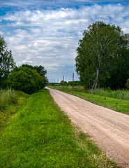 Fototapeta na wymiar Rural road through green fields with trees and cloudy sky in countryside.