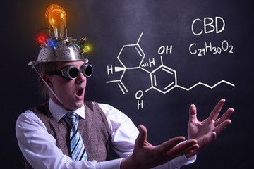 Nerd presenting handdrawn chemical formula of CBD