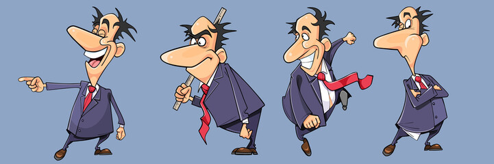set of different poses of cartoon active man in suit with tie
