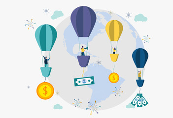 People fly in balloons take off with money, the phrase money down the drain. Colorful vector illustration