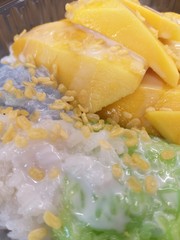 The dessert is named sticky rice, mango, coconut milk and soy.