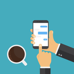Hand holding smart phone. Coffee hand phone, great design for any purposes. Chat messages concept. Mug with coffee.