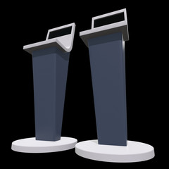 LCD Screen Stand. Trade Show Booth. 3d render of tv info kiosk on black background. High Resolution. Ad template for your expo design.