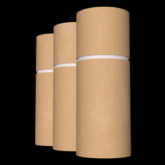 Kraft paper cardboard tube package mock up. 3d render on black background.