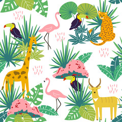Seamless pattern with giraffe, antilopa, toucan, and tropical landscape. Creative jungle childish texture. Great for fabric, textile. Vector Illustration.