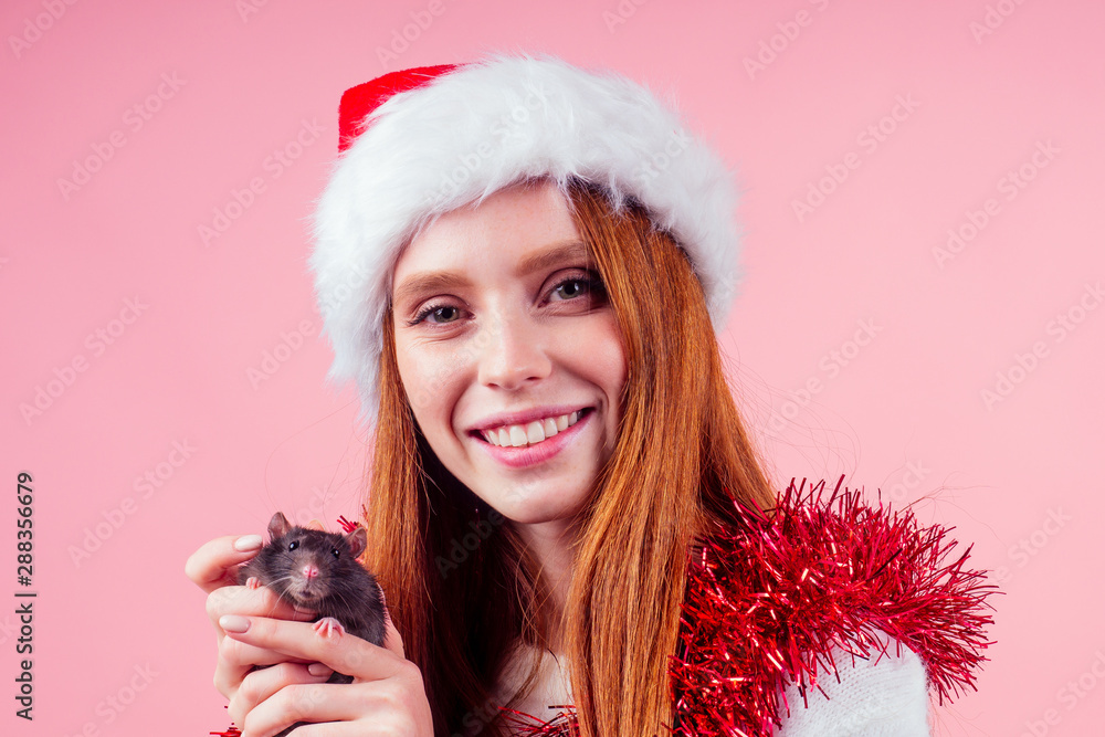 Wall mural redhaired ginger girl in red santa hat and tinsel hugging cute black male rat in studio gray backgro