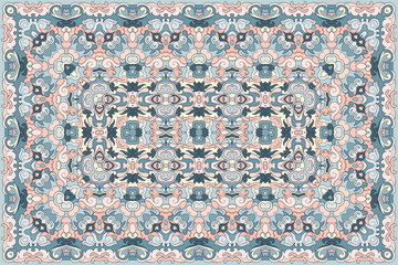 Vintage Arabic pattern. Persian colored carpet. Rich ornament for fabric design, handmade, interior decoration, textiles. Blue background. - 288359691