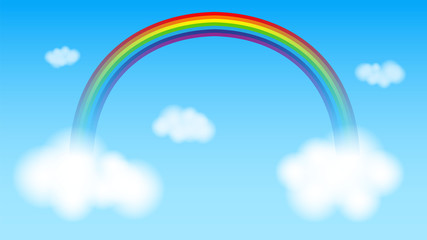 Vector illustration. Realistic flat style rainbow with transparency. Cloudy sky. Blue background. Wallpaper.