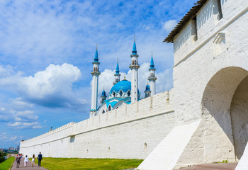 The white walls of the Kazan Kremlin and the Kul Sharif mosque. Russia