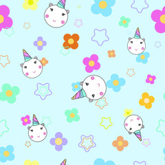 cute unicorn vector wallpaper and little star and colorful flowers