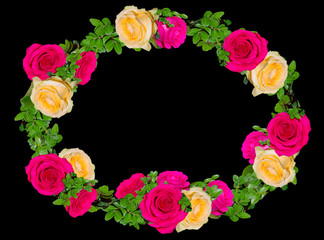 floral wreath of yellow and pink roses on a black background.