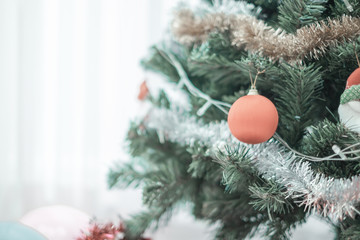 Beautifully decorated christmas tree with balls and ornaments for happy holidays in home, christmas Background