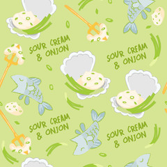 Sour cream, onion and seafood elements seamless pattern isolated on pastel background : Vector Illustration