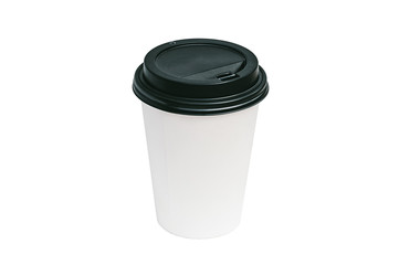 isolated coffee cup with a black lid, on a white background. takeaway food concept.