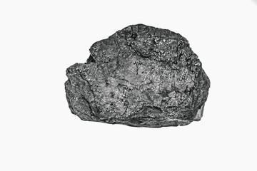 Pieces black coal lie on white isolated background, copy space