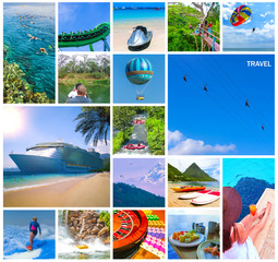 Travel activity - Collage from views of the Caribbean beaches - Boat trip snorkeling in exotic scenarios