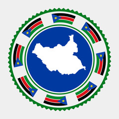 South Sudan flat stamp. Round logo with map and flag of South Sudan. Vector illustration.