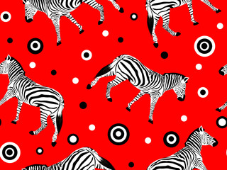 Seamless pattern with zebras on a red background.
