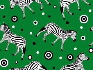 Seamless pattern with zebras on a green background.