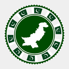Pakistan flat stamp. Round logo with map and flag of Pakistan. Vector illustration.