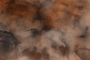 Orange watercolor abstract background with waves and strokes on white paper background. Trendy look. Chaotic abstract organic design.