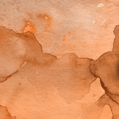 Orange watercolor abstract background with waves and strokes on white paper background. Trendy look. Chaotic abstract organic design.
