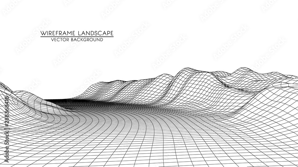 Poster vector retro futuristic background. abstract digital landscape with particles dots and stars on hori