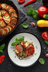 Ratatouille Vegetable Stew with zucchini, eggplants, tomatoes, garlic, onion and basil. Traditional French food.