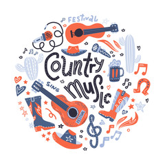 Round print with symbols of country music and hand drawn lettering in the center. Circle concept on white background.
