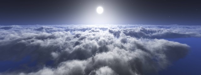 Panorama of clouds. Above the clouds. The moon in the clouds. Sunset over the clouds. 3d rendering.