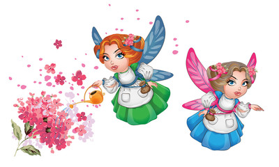 A cute FAIRY with wings and a vintage dress, fairy watering can watering flowers