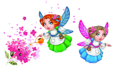 A cute FAIRY with wings and a vintage dress, fairy watering can watering flowers