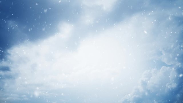 Cloudy sky time lapse with with realistic snowfall. Beautiful winter snowy scene background.